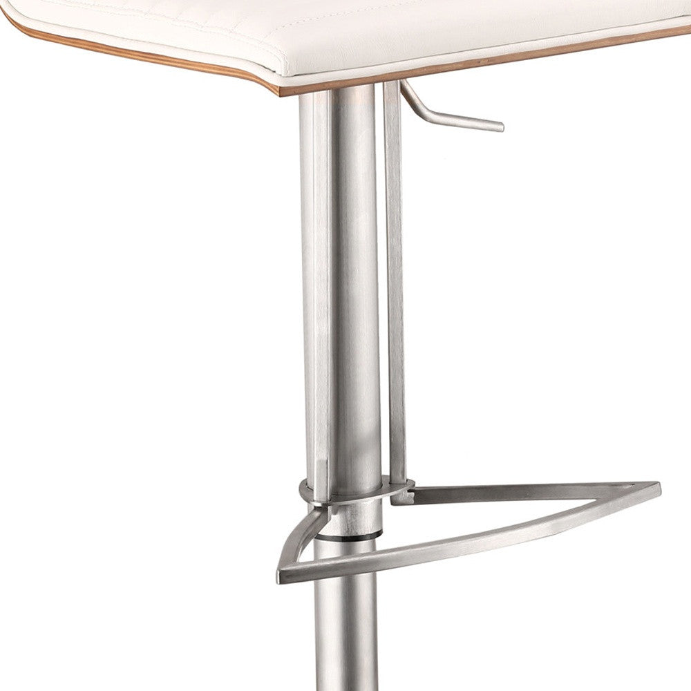 White And Silver Fabric And Faux Leather And Iron Low Back Adjustable Height Swivel Bar Chair