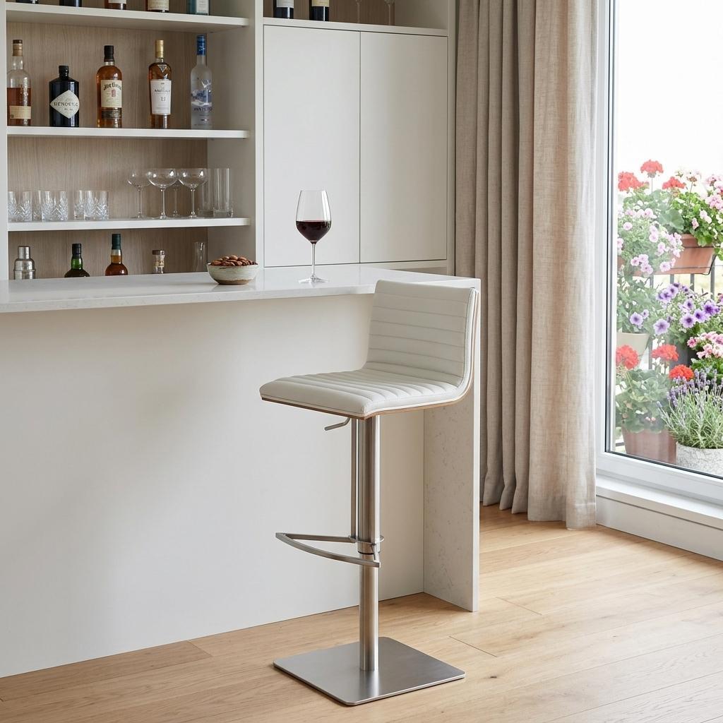 White And Silver Fabric And Faux Leather And Iron Low Back Adjustable Height Swivel Bar Chair