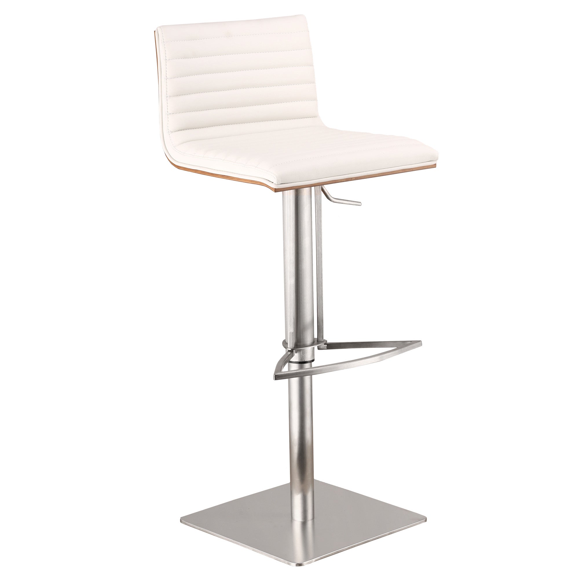White And Silver Fabric And Faux Leather And Iron Low Back Adjustable Height Swivel Bar Chair