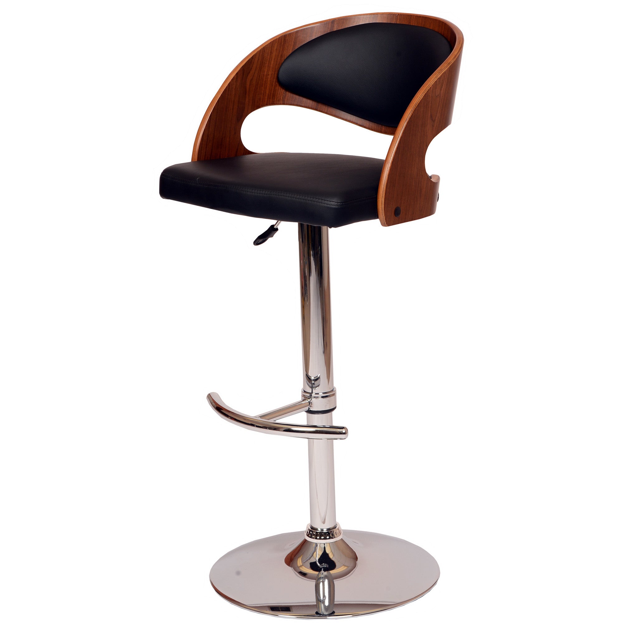 Black And Silver Faux Leather And Chrome Low Back Adjustable Height Swivel Bar Chair