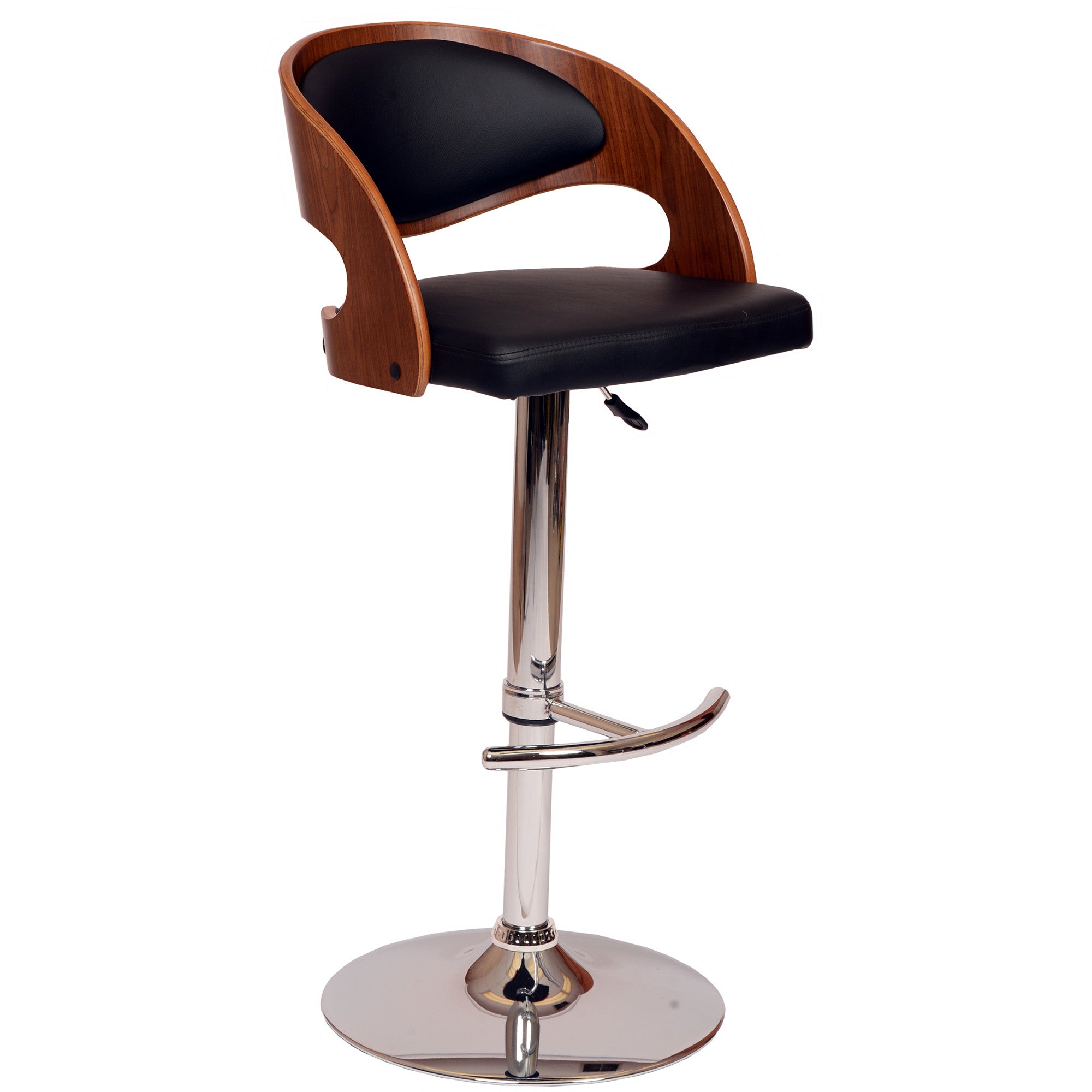 Black And Silver Faux Leather And Chrome Low Back Adjustable Height Swivel Bar Chair