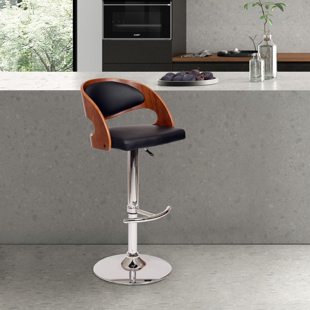 Black And Silver Faux Leather And Fabric And Chrome Low Back Adjustable Height Swivel Bar Chair