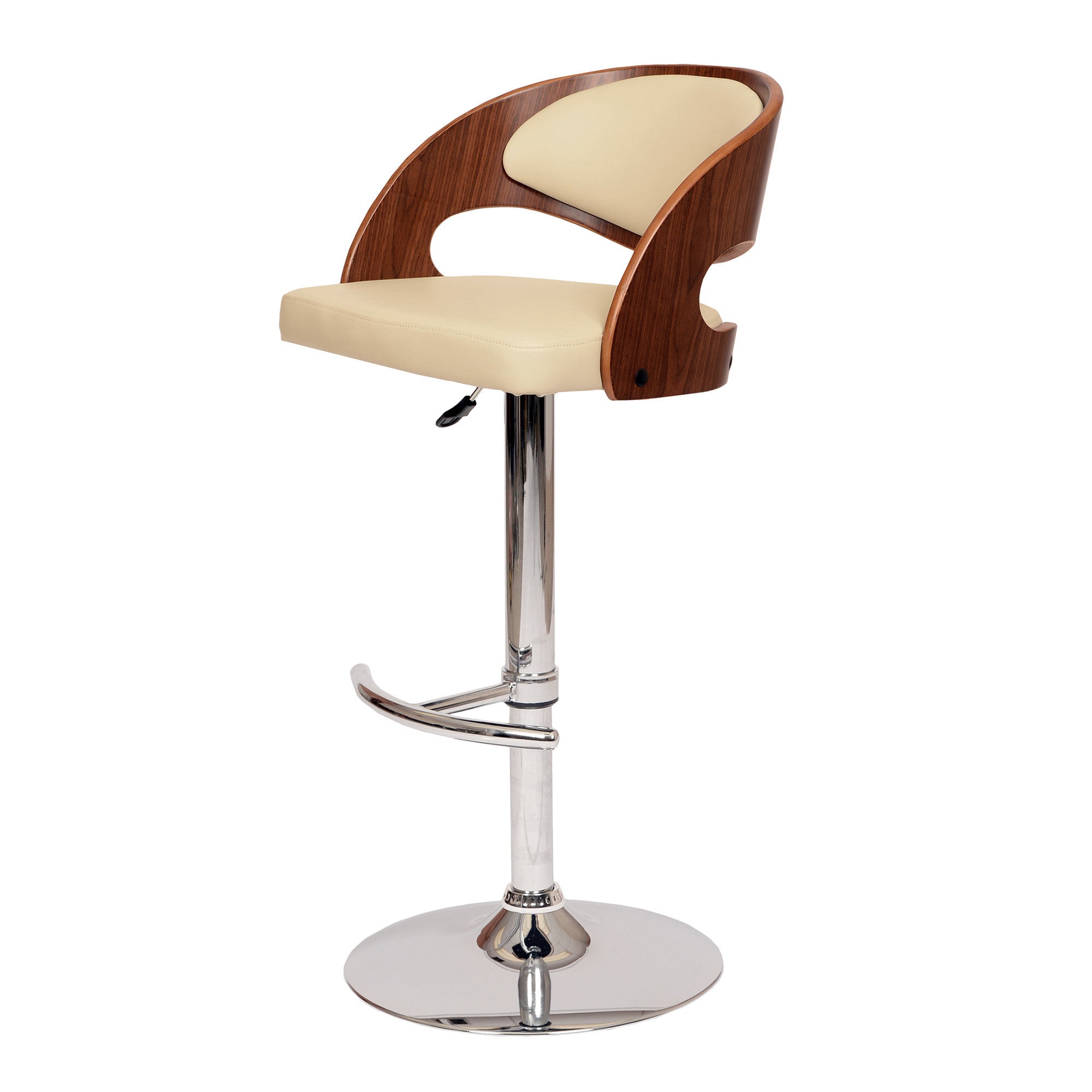 Cream And Silver Faux Leather And Chrome Low Back Adjustable Height Swivel Bar Chair