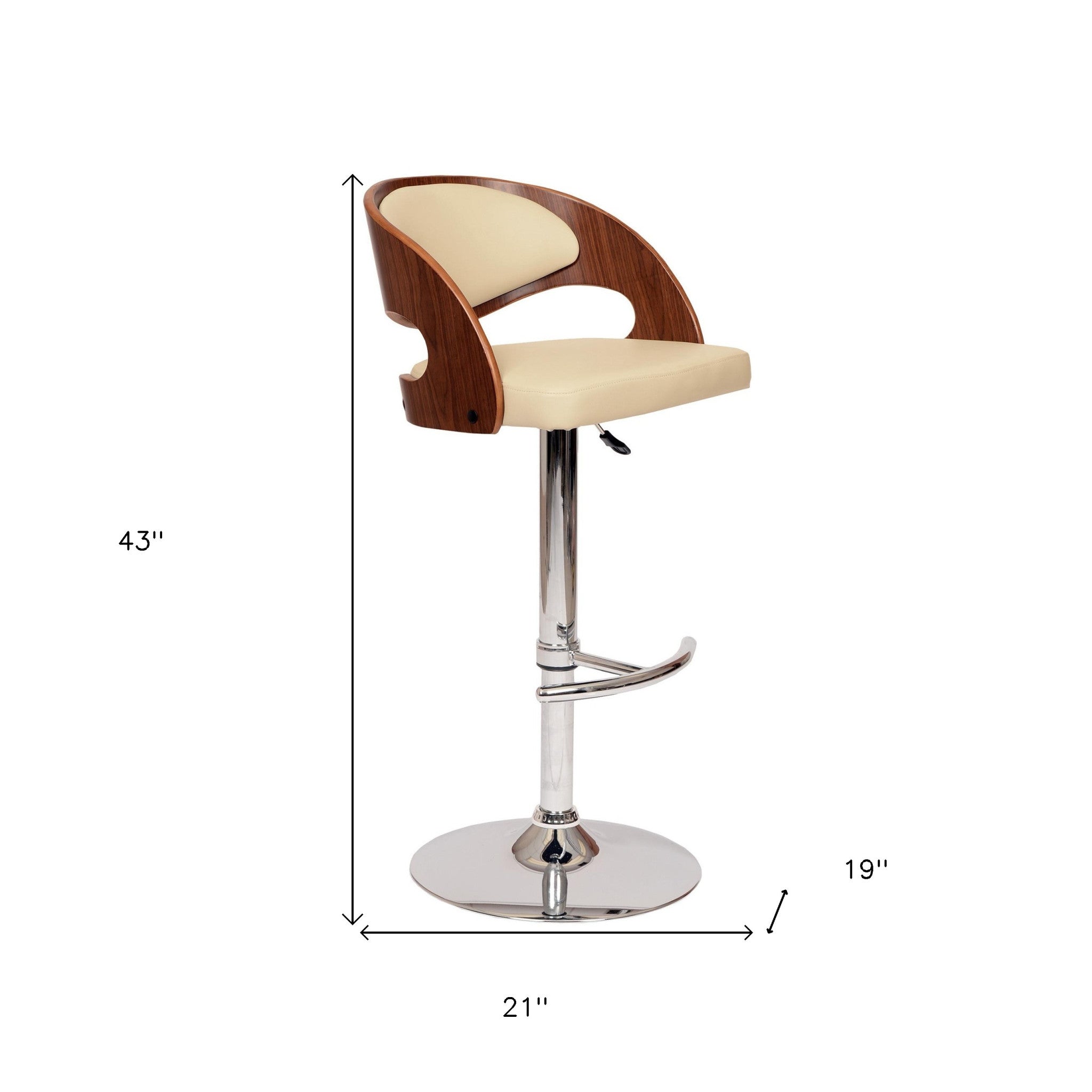 Cream And Silver Faux Leather And Chrome Low Back Adjustable Height Swivel Bar Chair