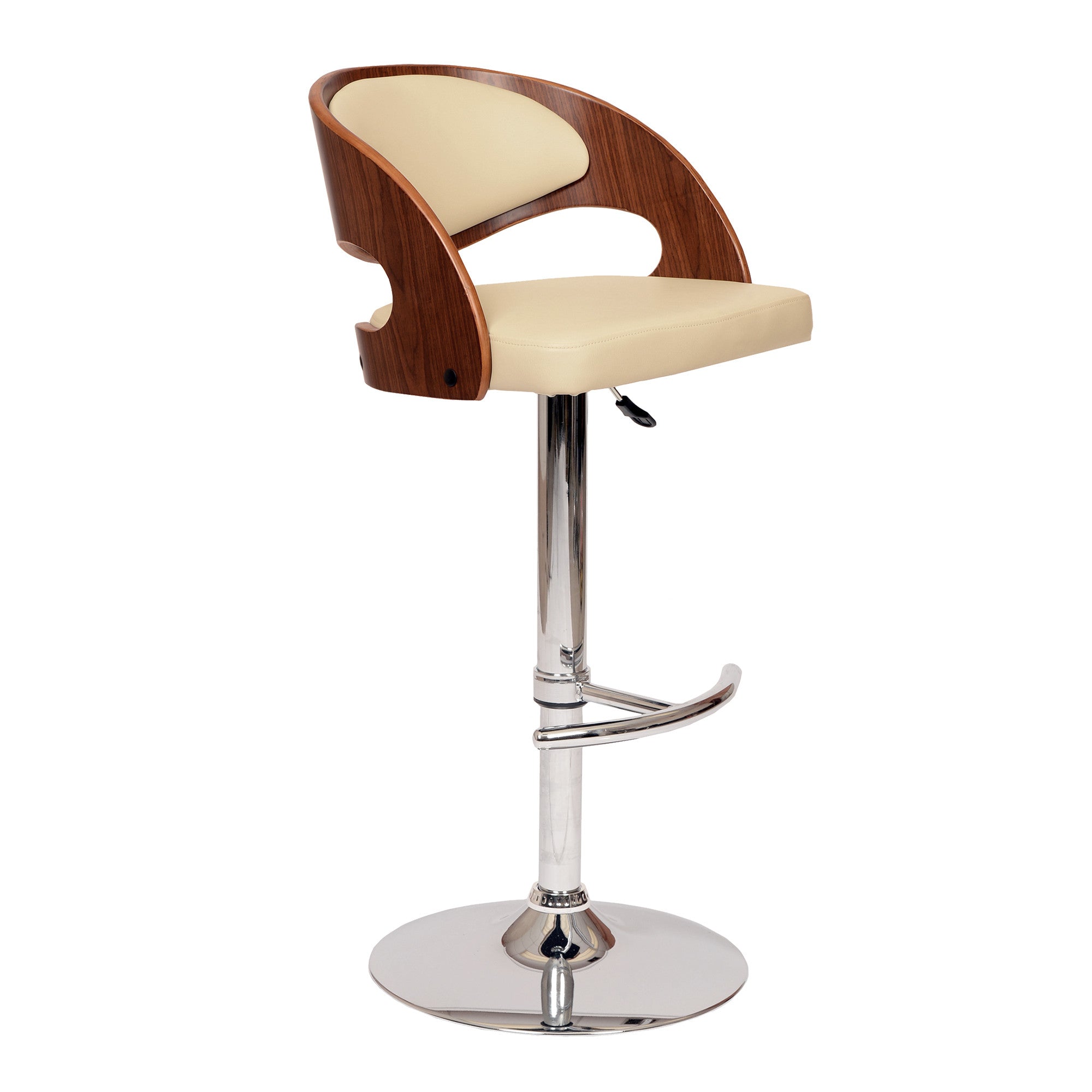 Cream And Silver Faux Leather And Chrome Low Back Adjustable Height Swivel Bar Chair