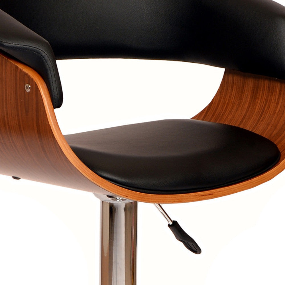 Black And Brown Faux Leather And Fabric And Solid Wood Low Back Adjustable Height Swivel Bar Chair