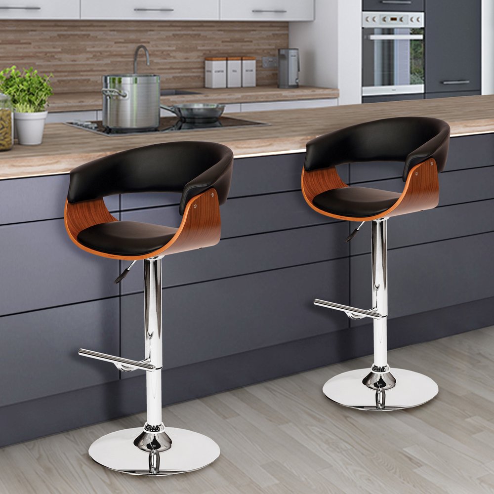 Black And Brown Faux Leather And Fabric And Solid Wood Low Back Adjustable Height Swivel Bar Chair