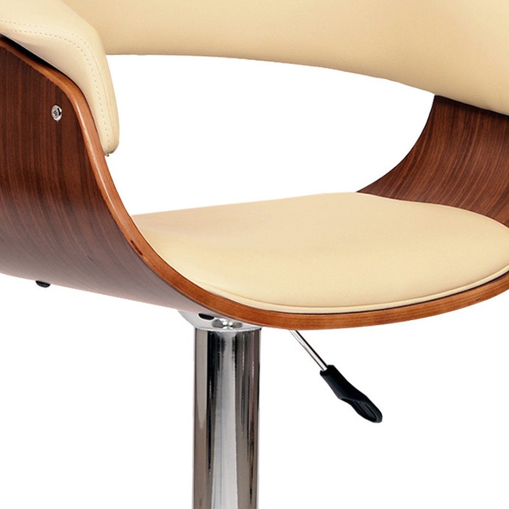 Cream And Silver Faux Leather And Fabric And Solid Wood Low Back Adjustable Height Swivel Bar Chair