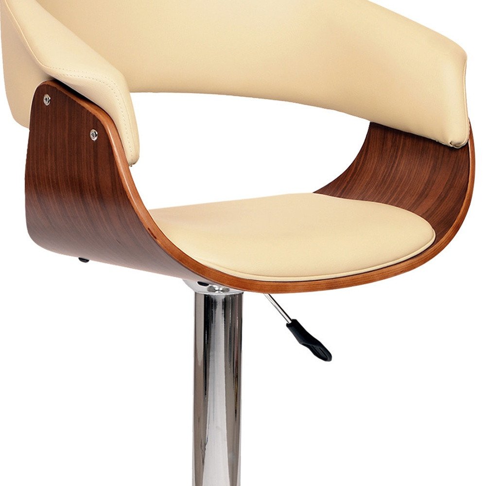 Cream And Silver Faux Leather And Fabric And Solid Wood Low Back Adjustable Height Swivel Bar Chair