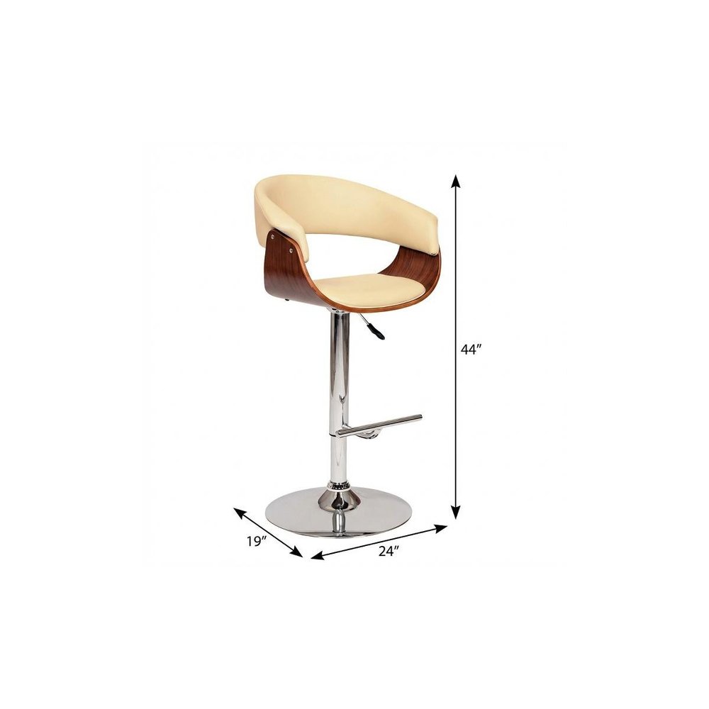 Cream And Silver Faux Leather And Fabric And Solid Wood Low Back Adjustable Height Swivel Bar Chair