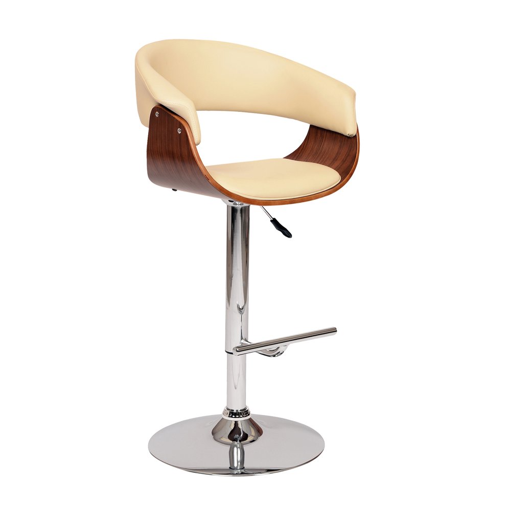 Cream And Silver Faux Leather And Fabric And Solid Wood Low Back Adjustable Height Swivel Bar Chair