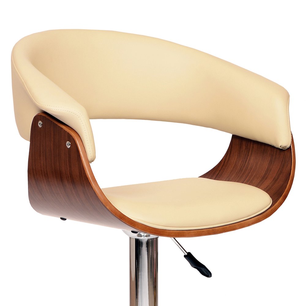 Cream And Silver Faux Leather And Fabric And Solid Wood Low Back Adjustable Height Swivel Bar Chair