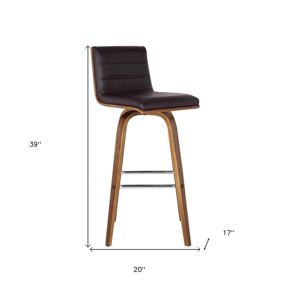 30" Brown Fabric And Solid Wood Low Back Swivel Bar Chair