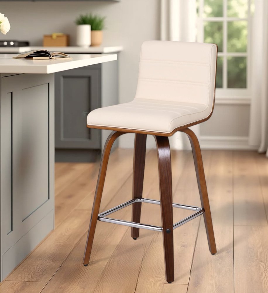 26" Cream and Brown Fabric and Iron Low Back Counter Height Swivel Bar Chair