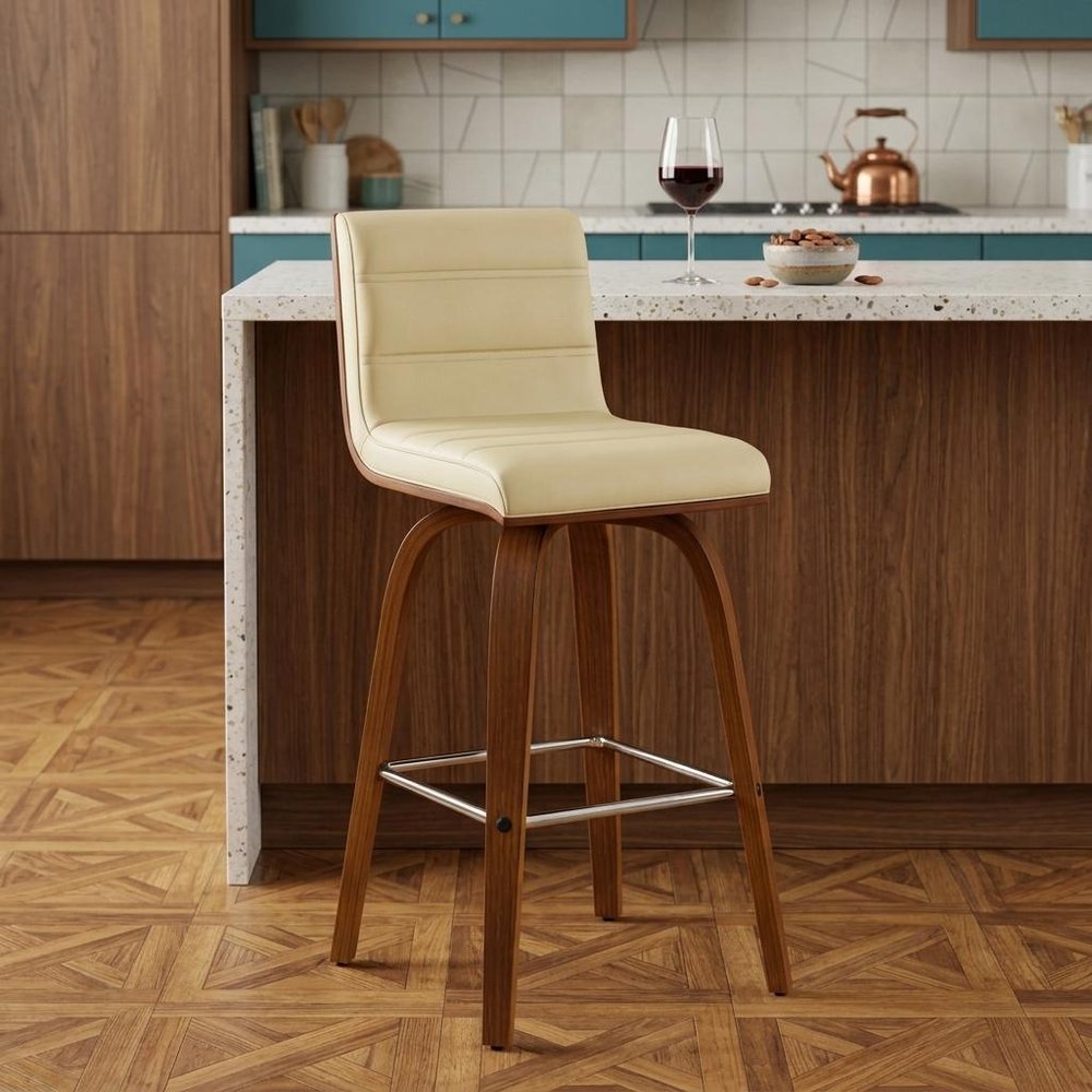 26" Cream And Brown Fabric And Iron Low Back Counter Height Swivel Bar Chair
