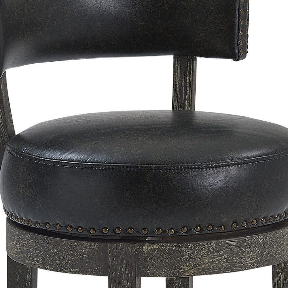 26" Black And Dark Gray Faux Leather And Wood Swivel Low Back Counter Height Bar Chair