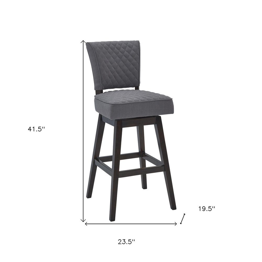26" Gray and Espresso Fabric and Solid Wood Counter Height Swivel Bar Chair