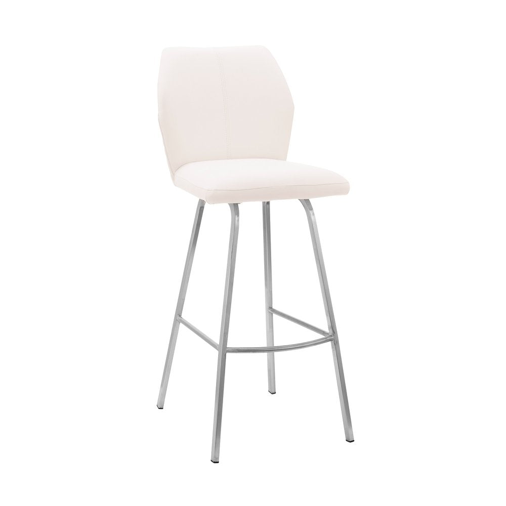 26" White And Silver Faux Leather And Fabric And Iron Counter Height Bar Chair