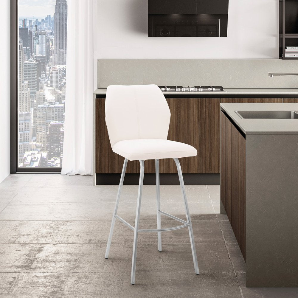 26" White And Silver Faux Leather And Fabric And Iron Counter Height Bar Chair