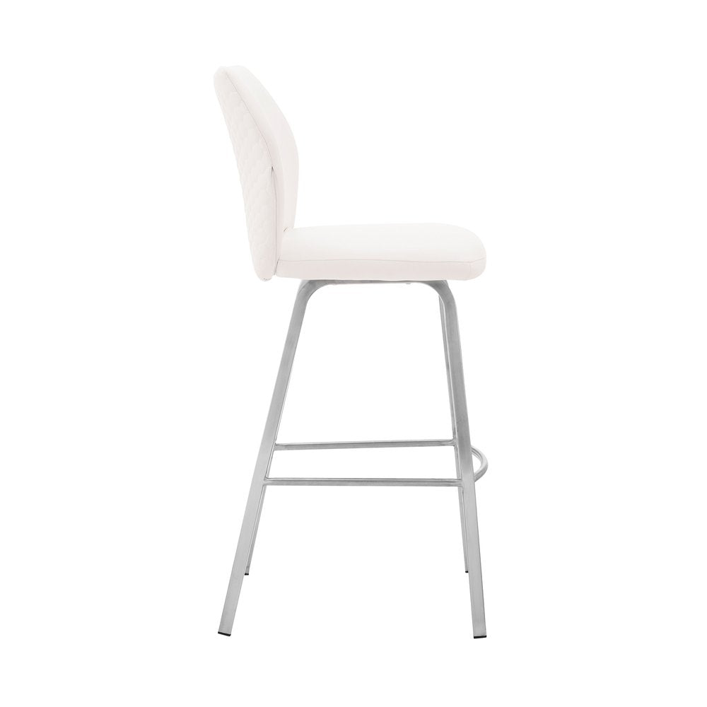 26" White And Silver Faux Leather And Fabric And Iron Counter Height Bar Chair