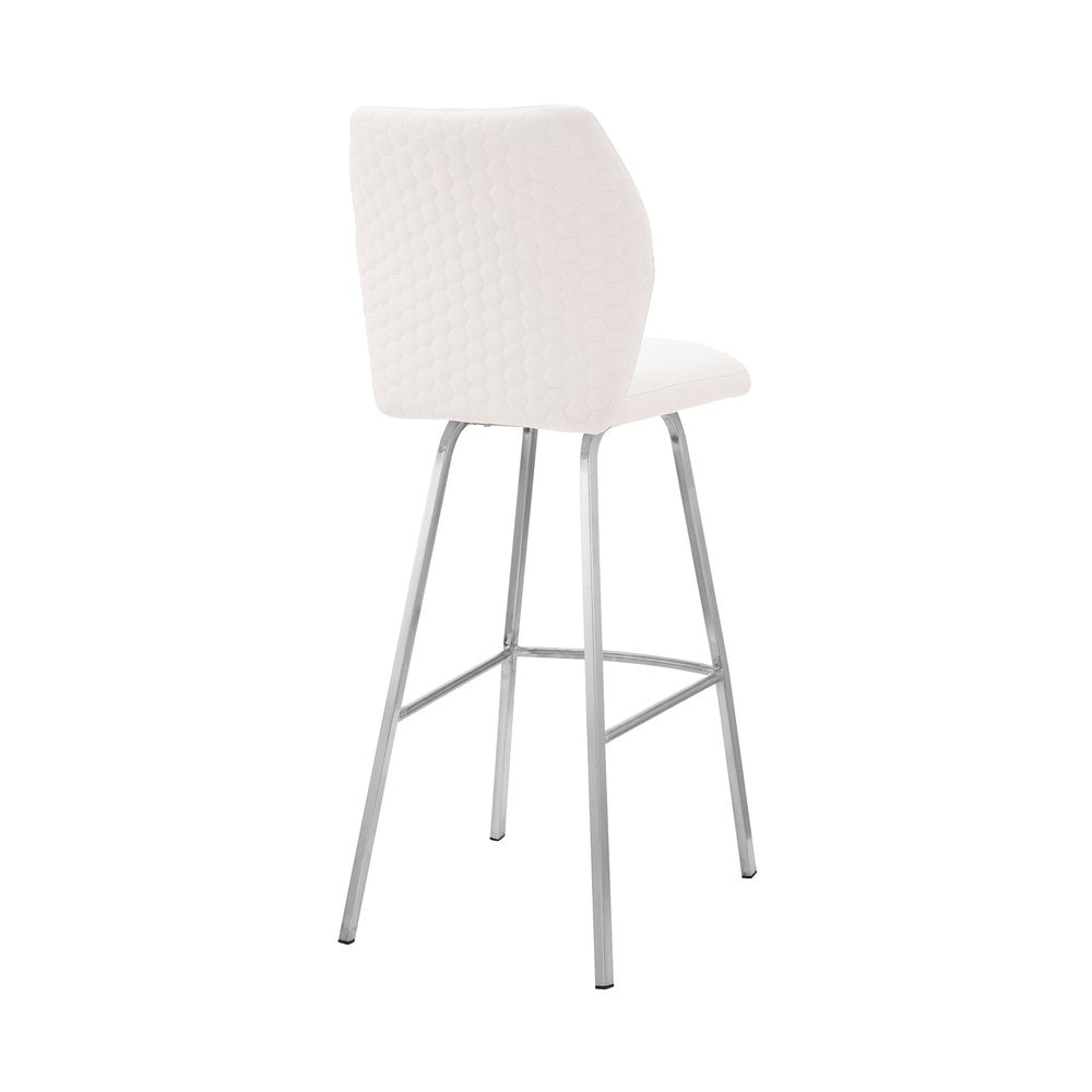26" White And Silver Faux Leather And Fabric And Iron Counter Height Bar Chair
