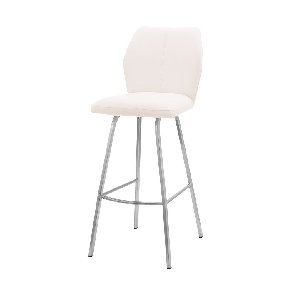 26" White And Silver Faux Leather And Fabric And Iron Counter Height Bar Chair