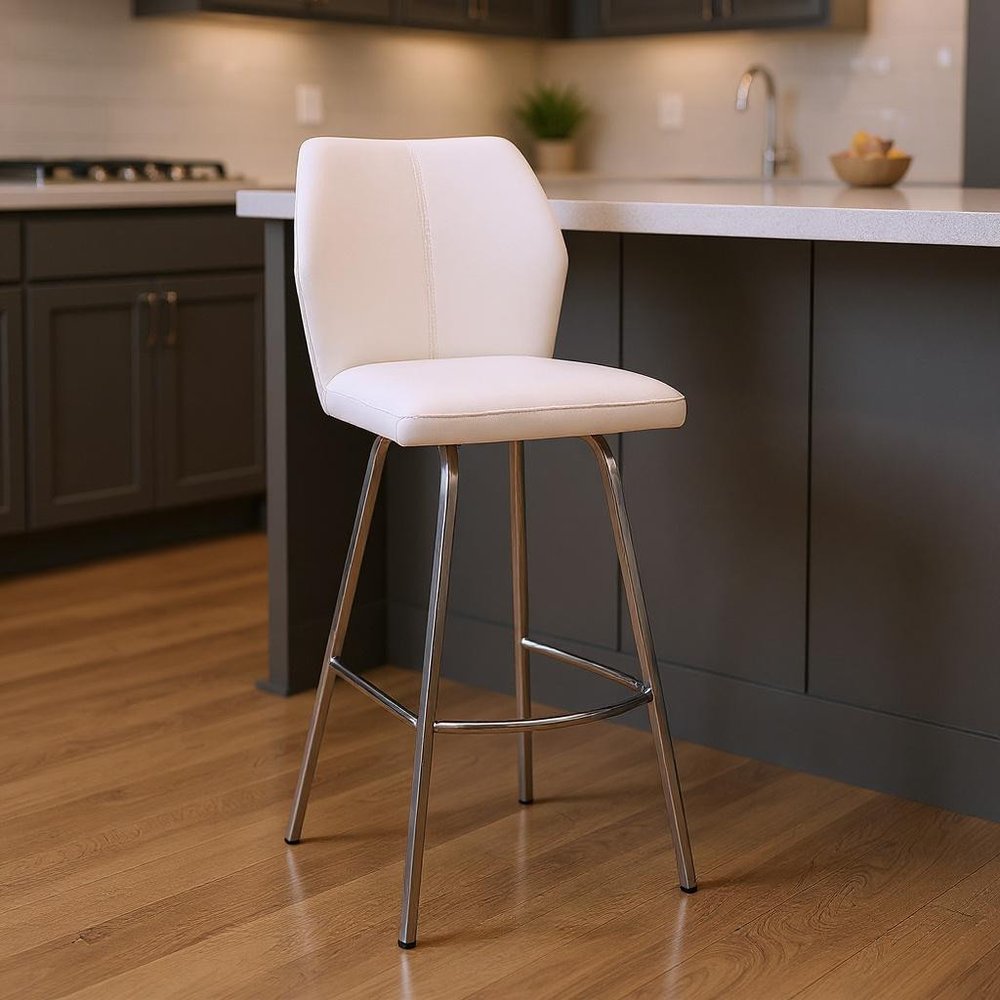 26" White And Silver Faux Leather And Fabric And Iron Counter Height Bar Chair