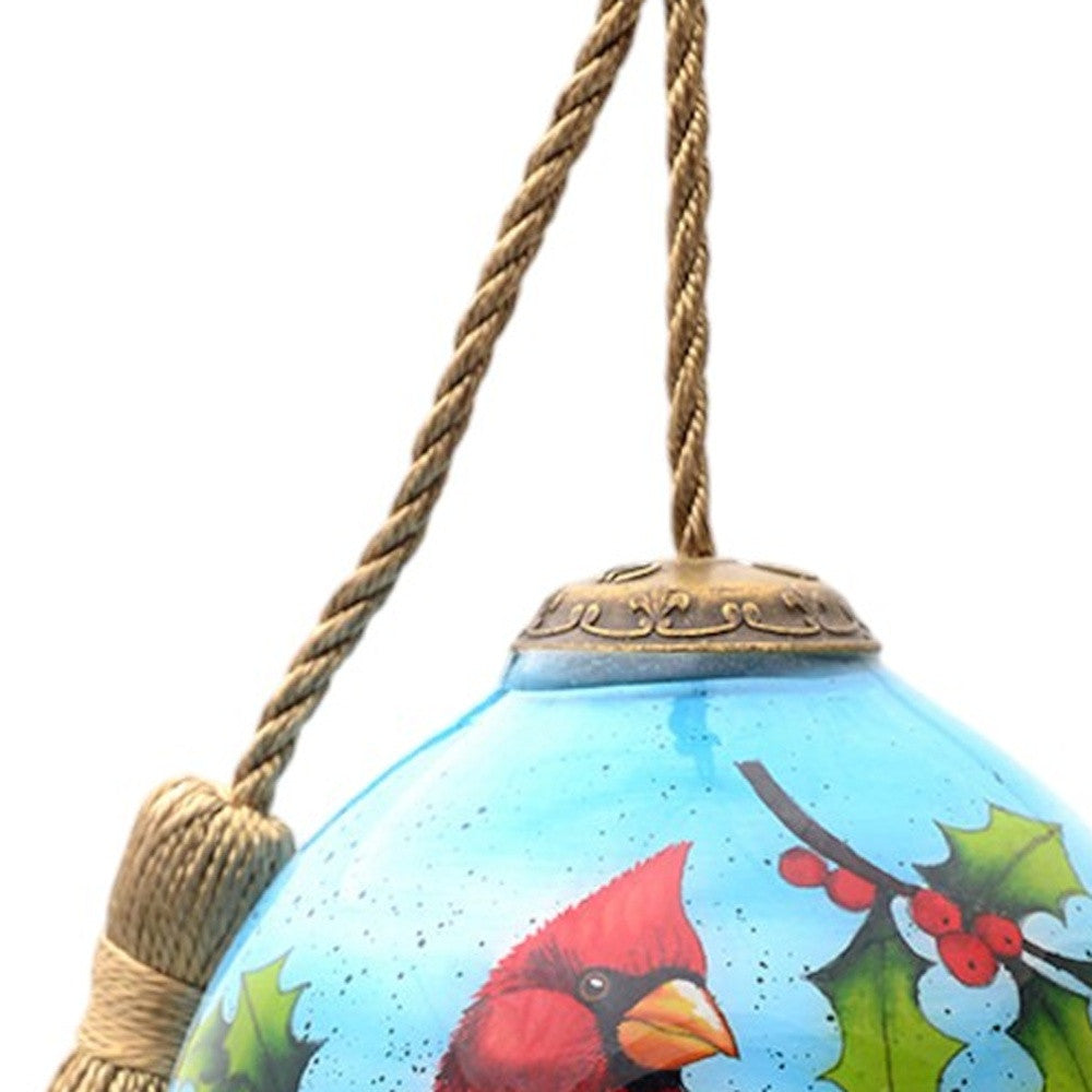 Red Cardinal on Christmas Holly Branches Hand Painted Mouth Blown Glass Ornament