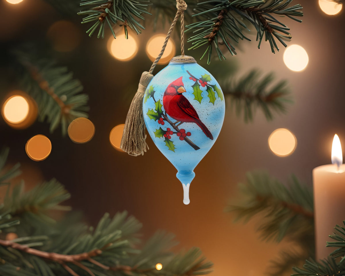 Red Cardinal on Christmas Holly Branches Hand Painted Mouth Blown Glass Ornament