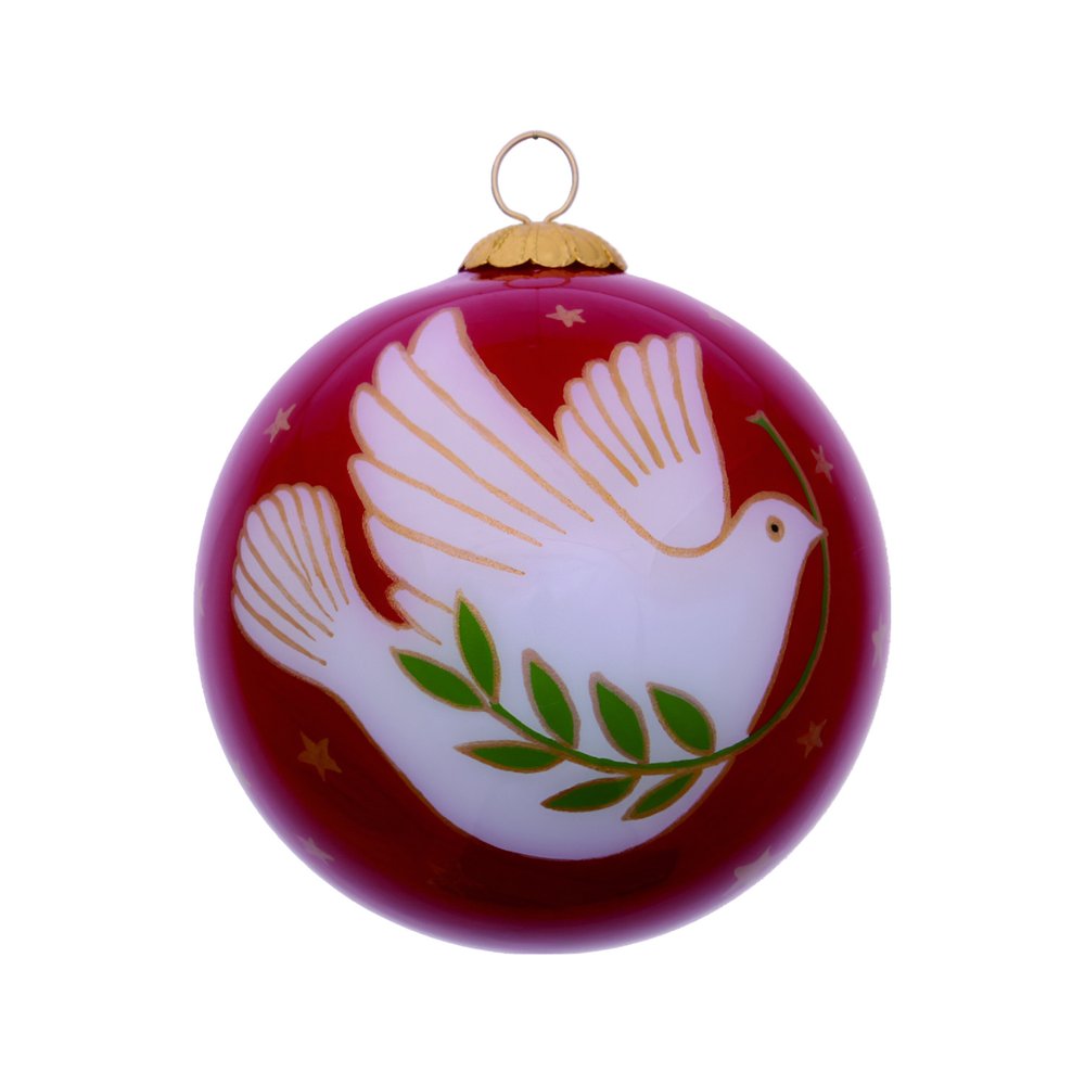 Peace on Earth Dove Hand Painted Pink And White Glass Ball Ornament