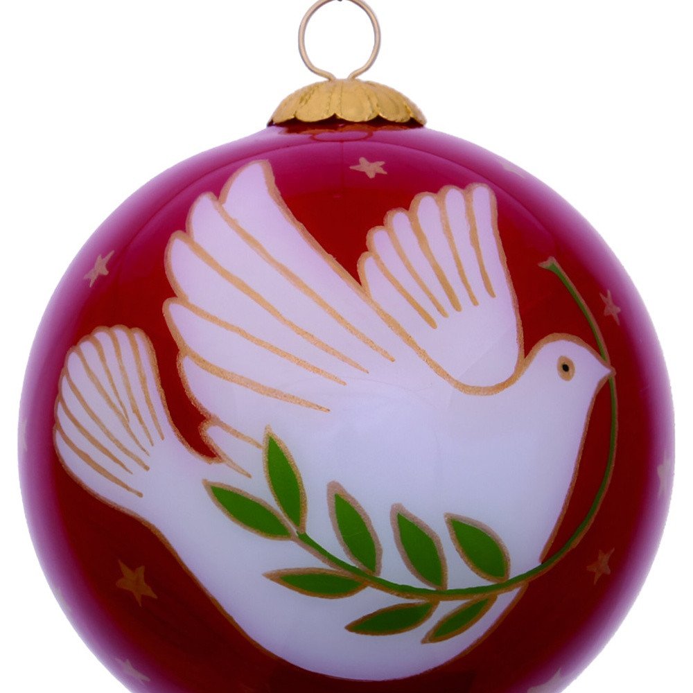 Peace on Earth Dove Hand Painted Pink And White Glass Ball Ornament