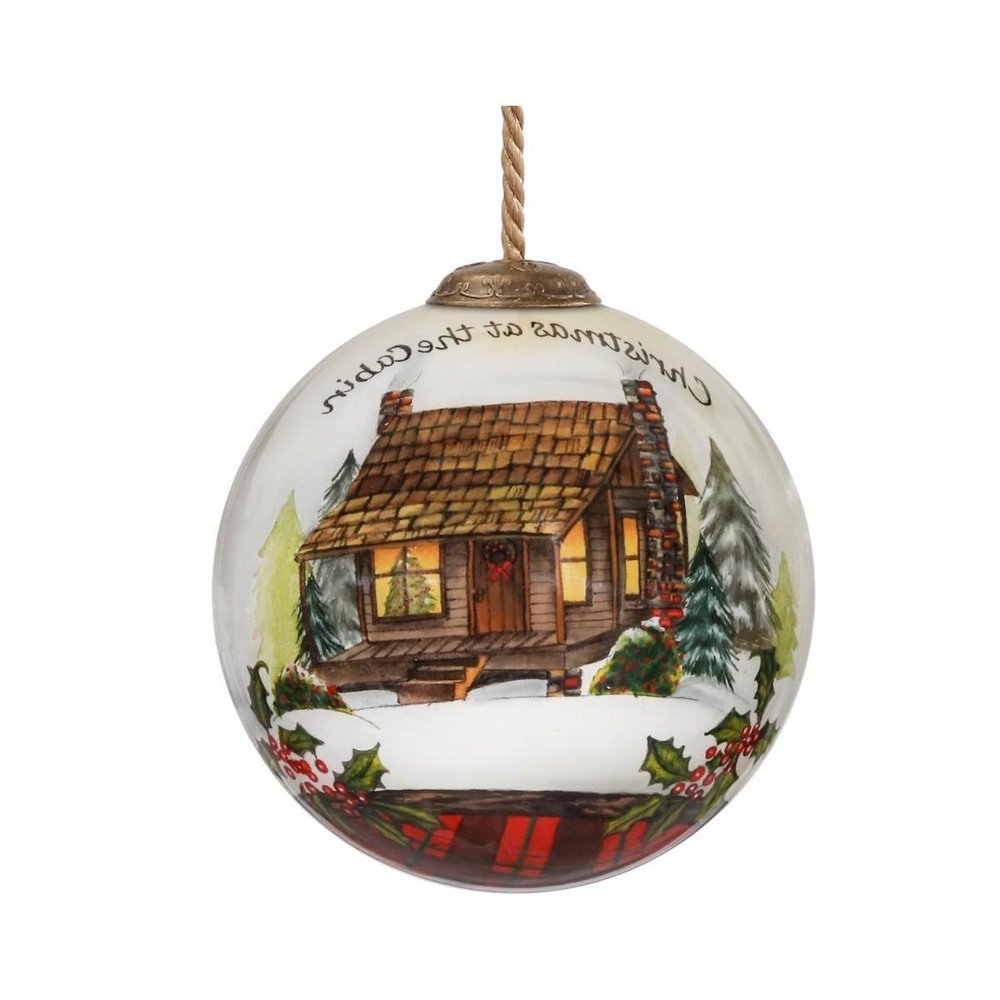 Vintage Christmas at the Cabin Hand Painted Mouth Blown Glass Ornament