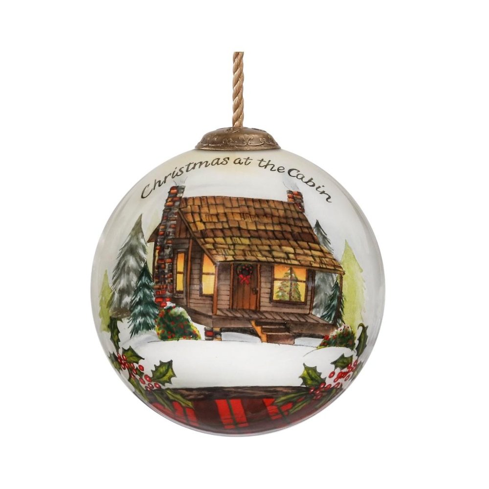 Vintage Christmas at the Cabin Hand Painted Mouth Blown Glass Ornament