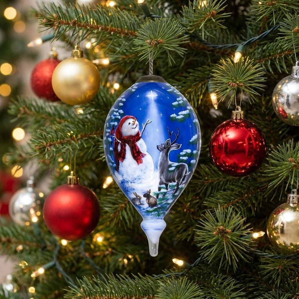 Starry Heaven and Snowman Hand Painted Mouth Blown Glass Ornament