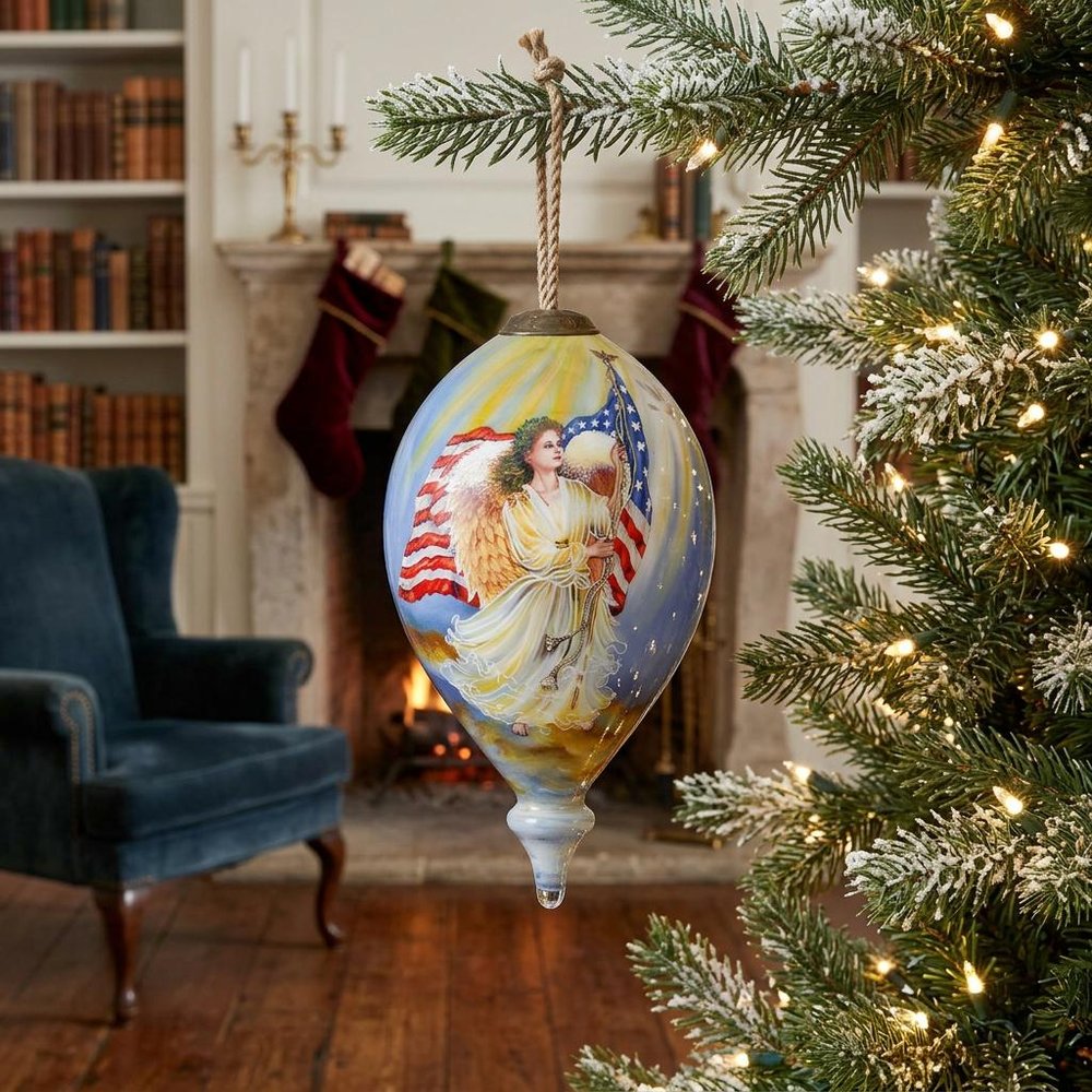 American Flag Angel Hand Painted Mouth Blown Glass Ornament