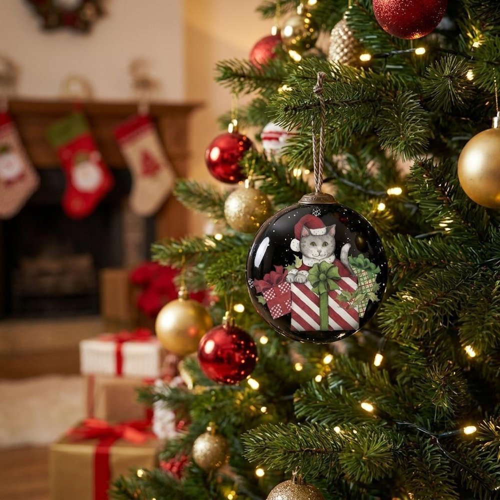 Christmas Cat with Presents Hand Painted Mouth Blown Glass Ornament