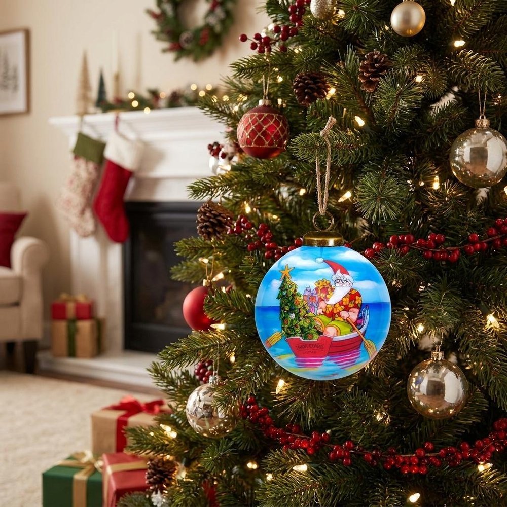 Rowing Santa Express Hand Painted Mouth Blown Glass Ornament