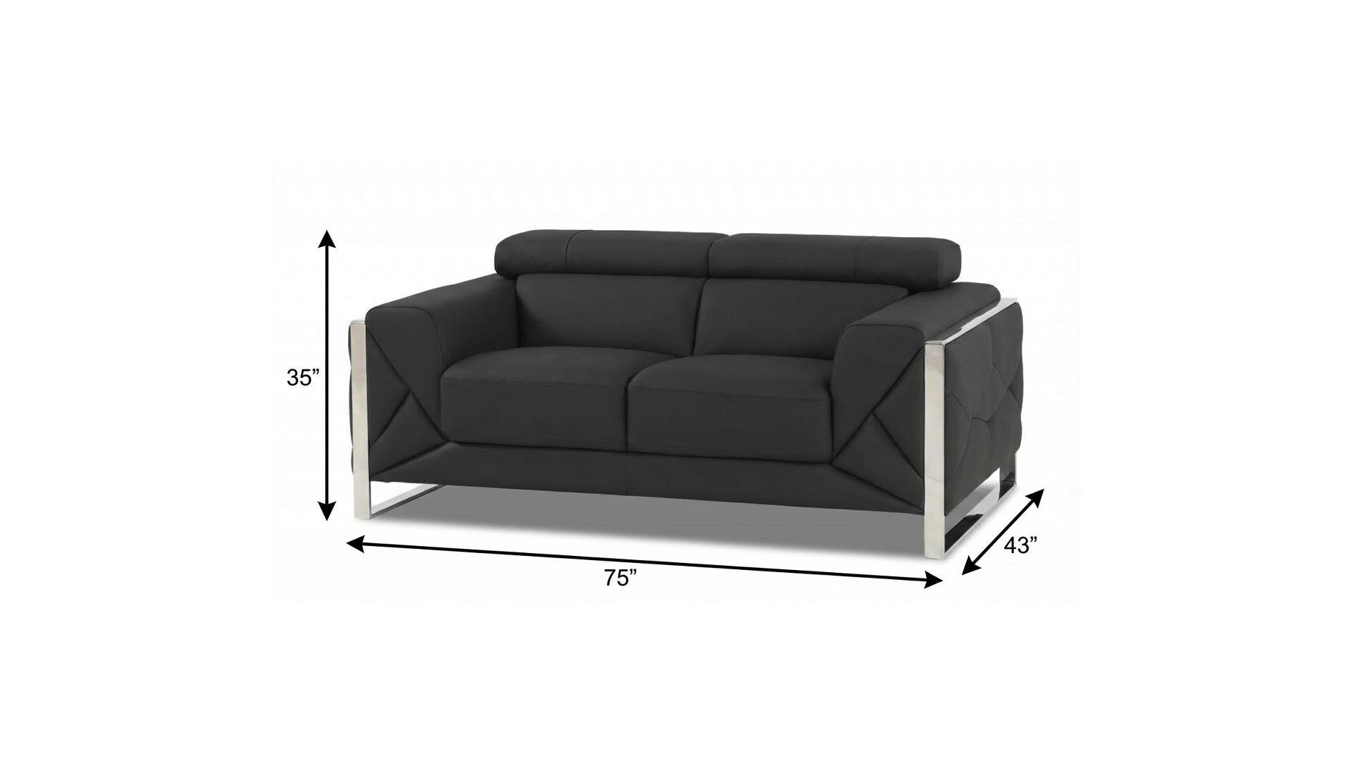 75" Gray And Silver Italian Leather Loveseat