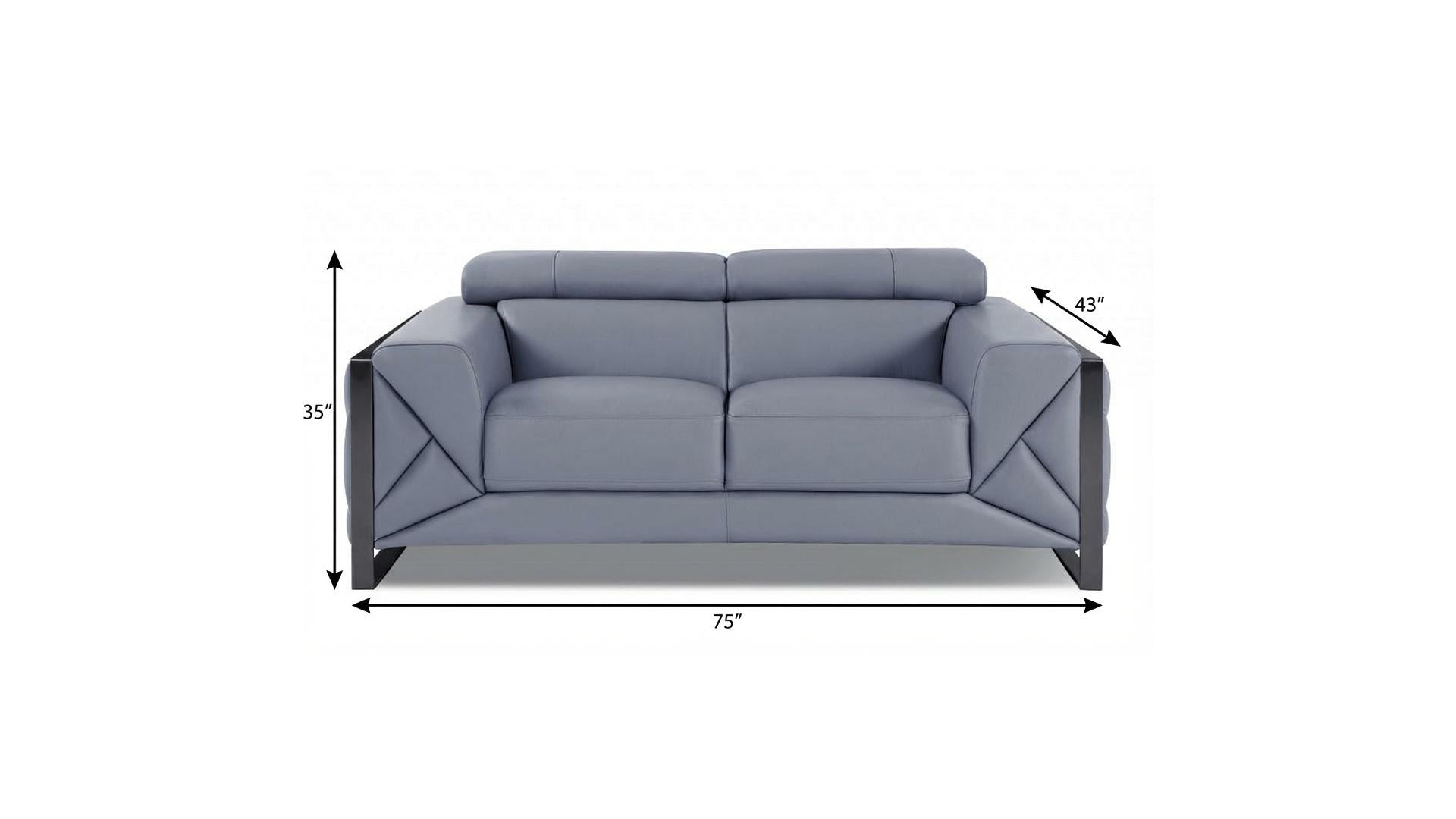 75" Light Blue And Black Italian Leather Loveseat