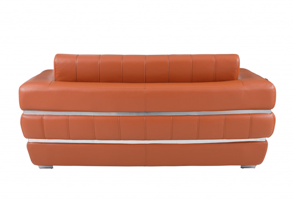 75" Camel And Silver Italian Leather Loveseat