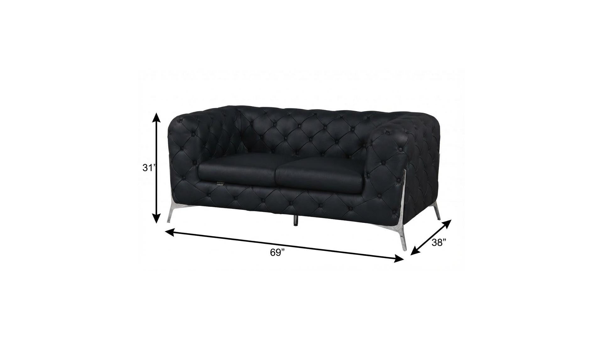 69" Black And Silver Italian Leather Loveseat