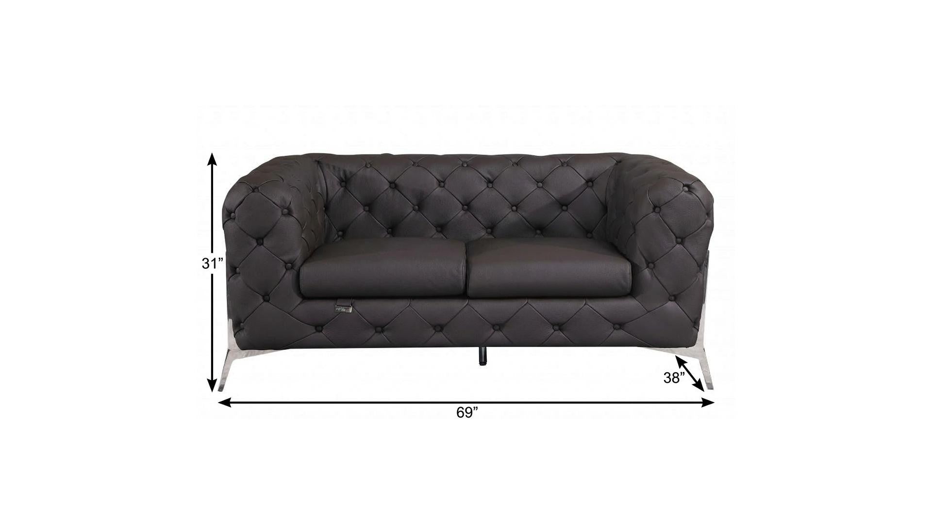 69" Brown And Silver Italian Leather Loveseat