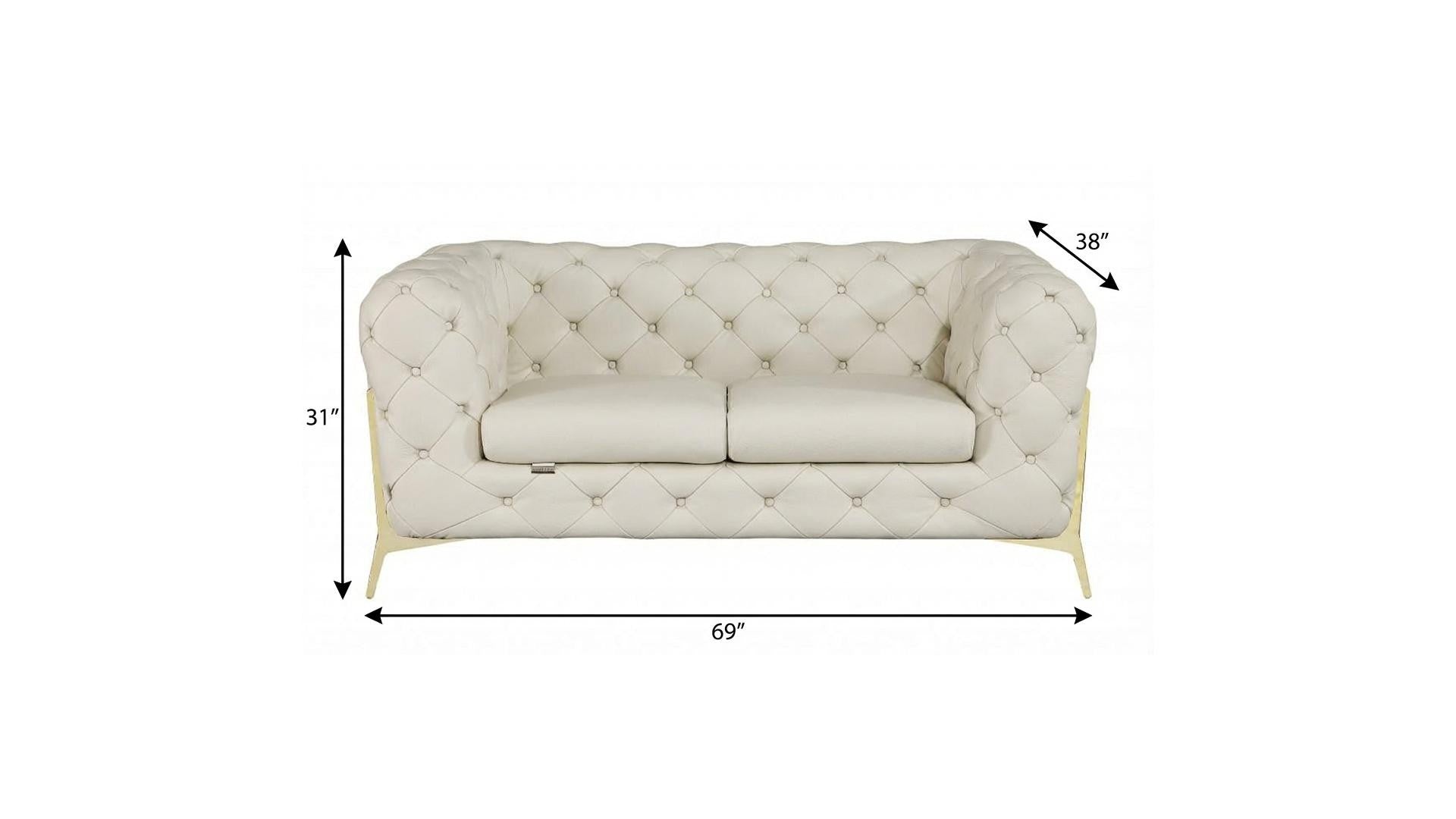 69" Beige And Gold Italian Leather Loveseat