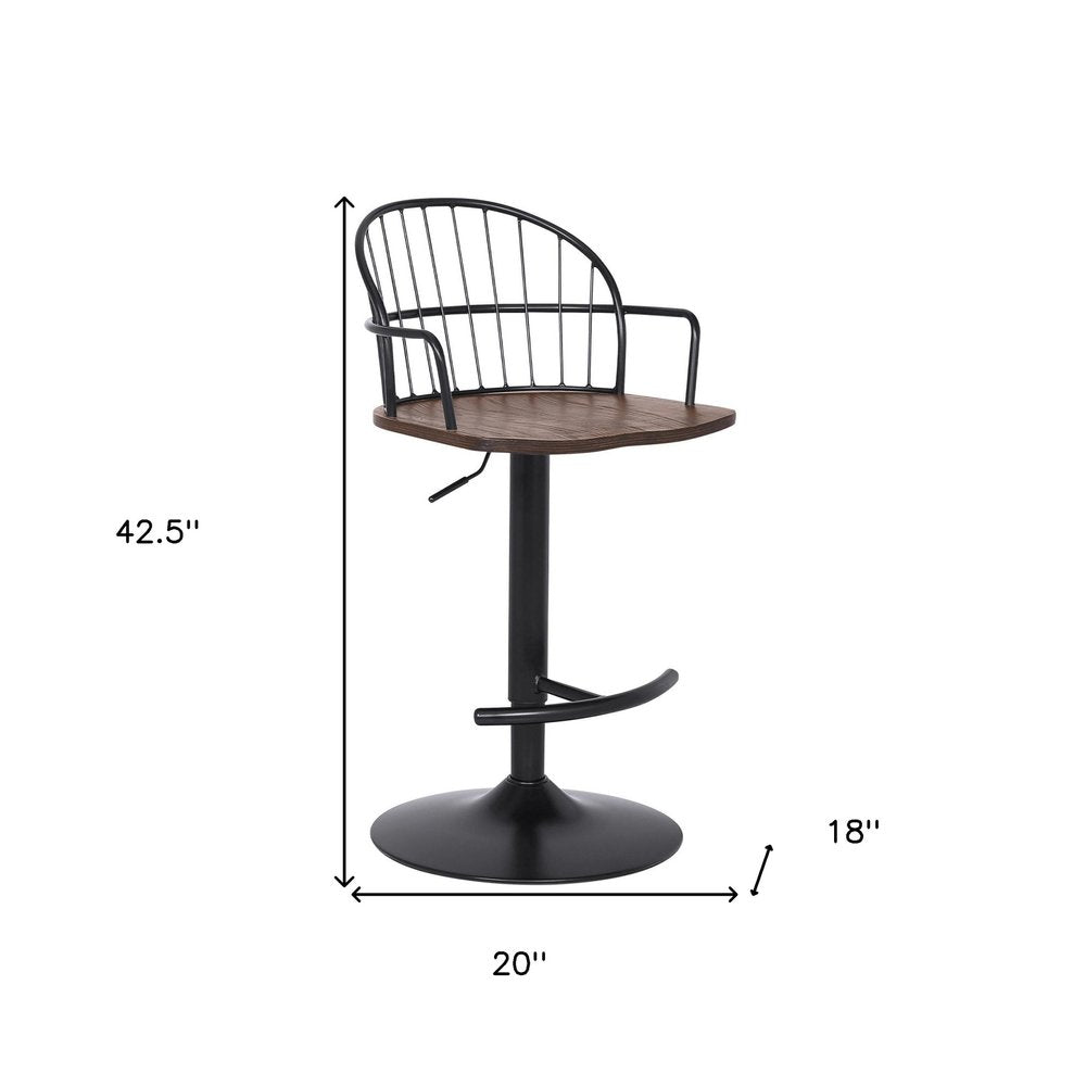 Brown And Black Solid Wood And Iron Low Back Adjustable Height Bar Chair