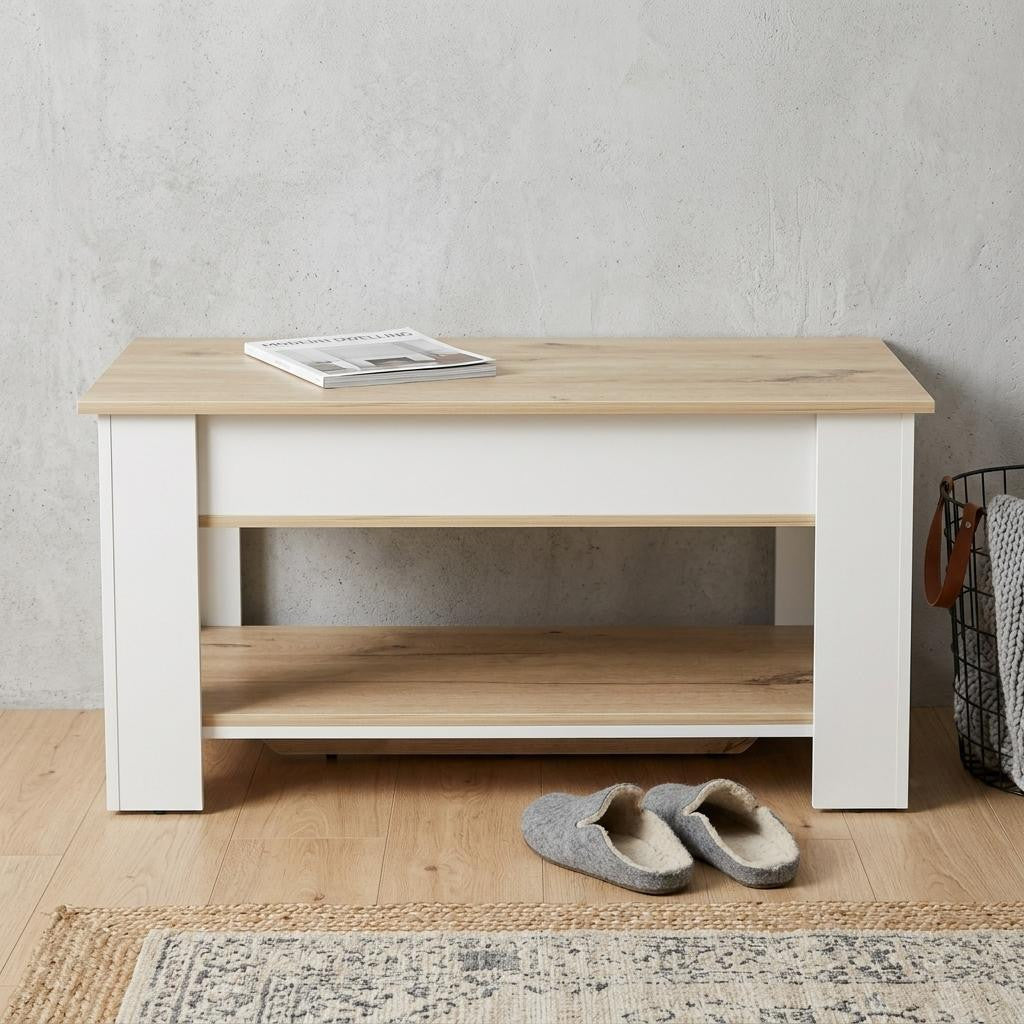 40" Natural and White Wood Storage Bench With Flip Top Shoe Storage And Shelves