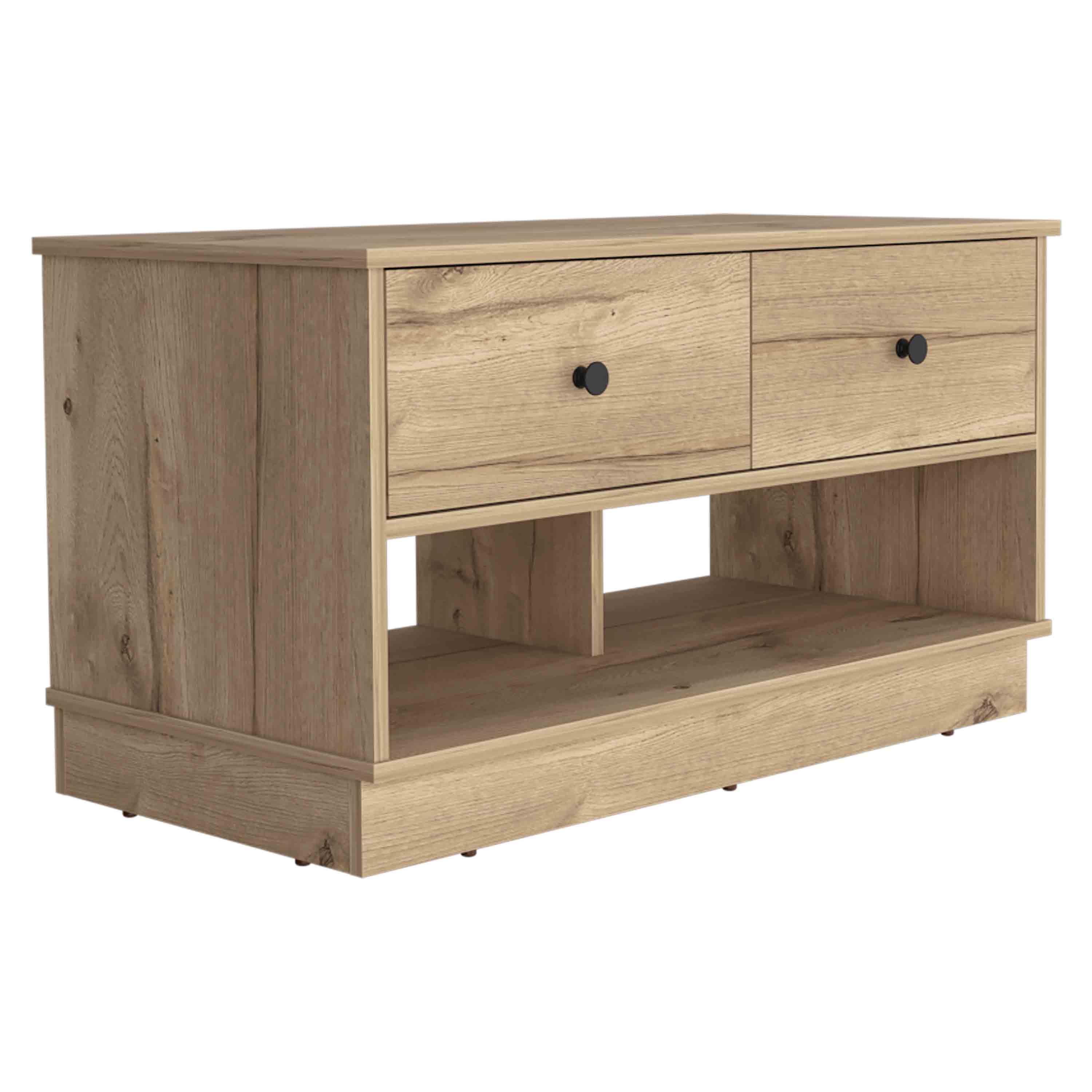 36" Natural and Oak Wood Storage Bench With Drawers Shoe Storage And Shelves