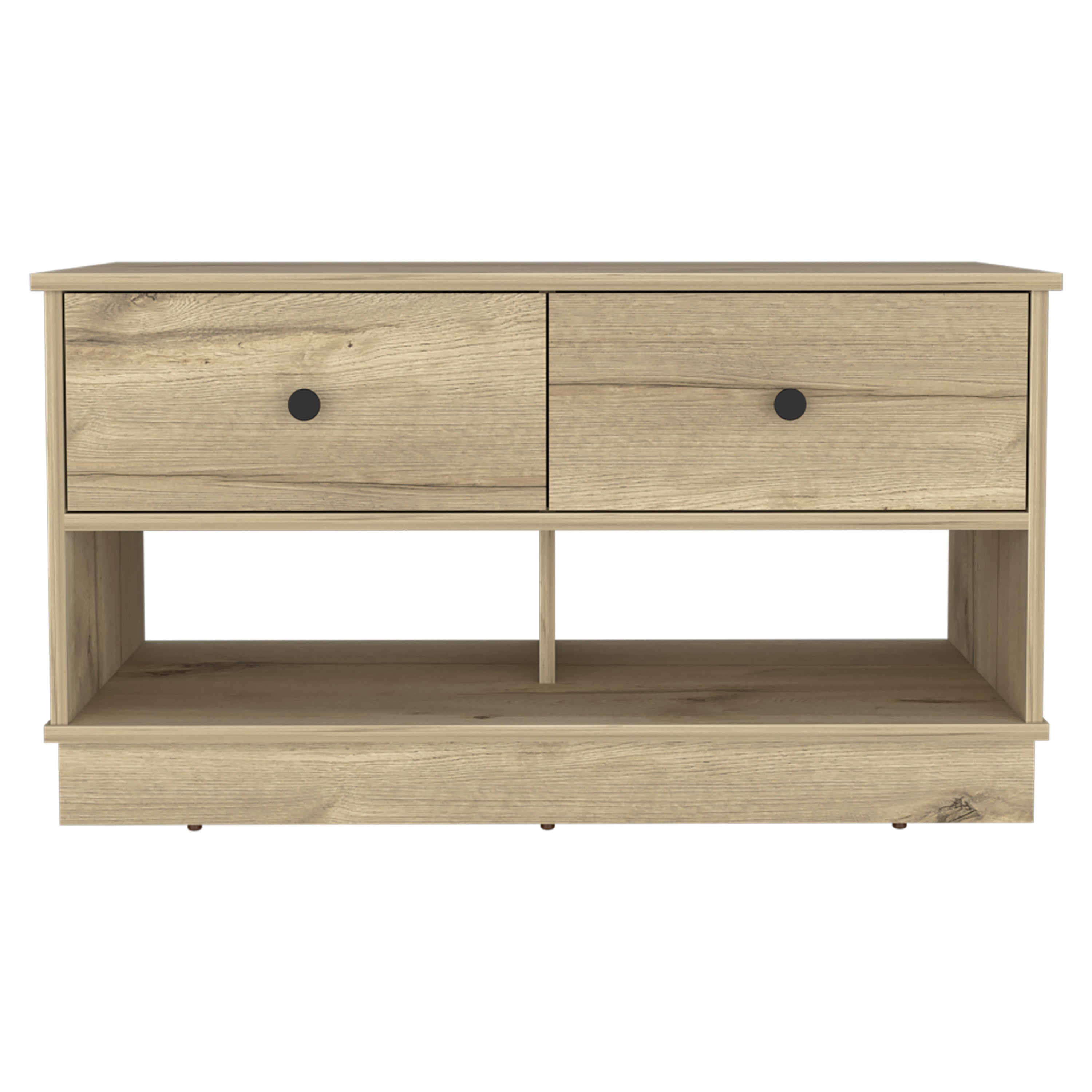 36" Natural and Oak Wood Storage Bench With Drawers Shoe Storage And Shelves