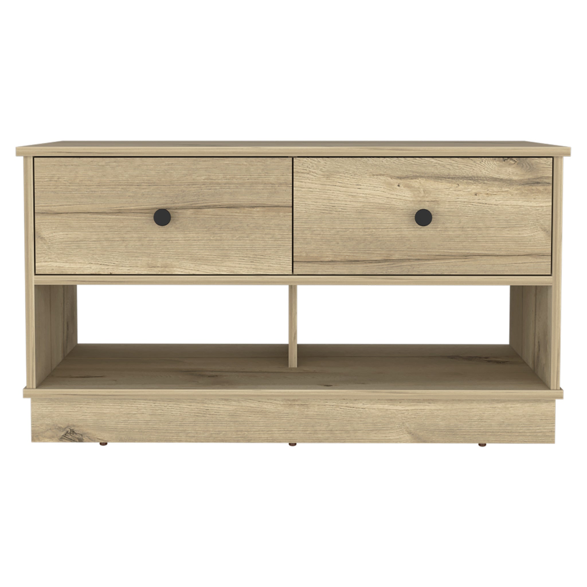 36" Natural and Oak Wood Storage Bench With Drawers Shoe Storage And Shelves