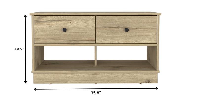 36" Natural and Oak Wood Storage Bench With Drawers Shoe Storage And Shelves