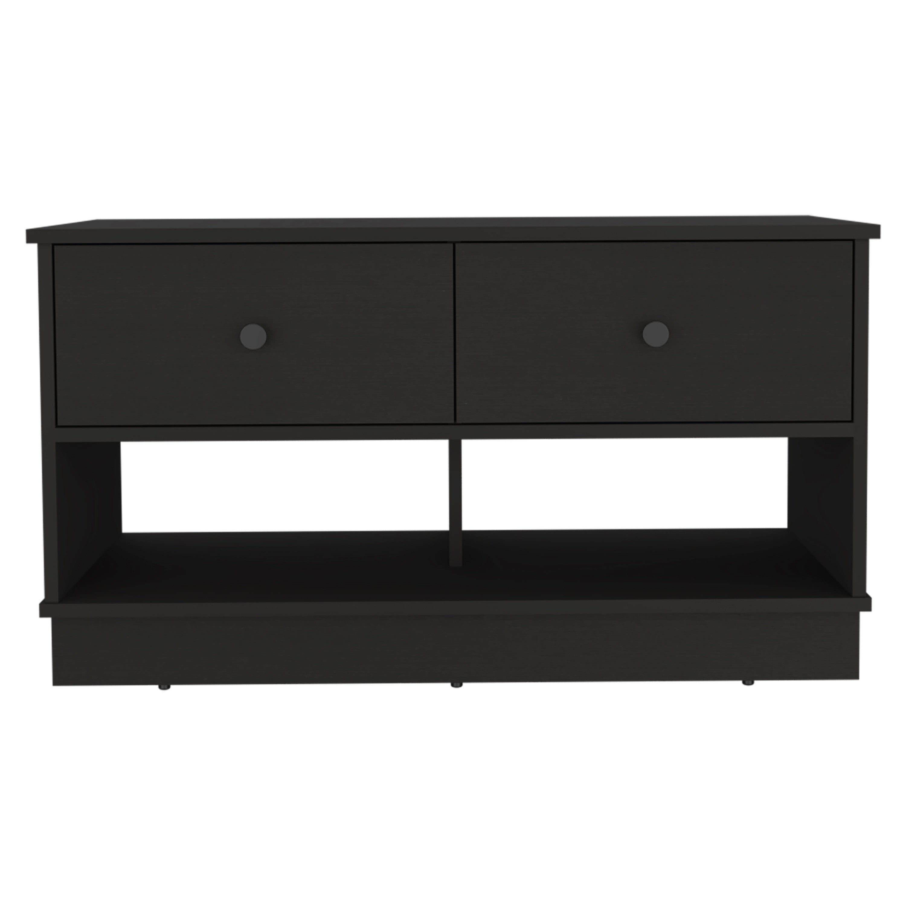 36" Black Wood Storage Bench With Drawers And Shelves